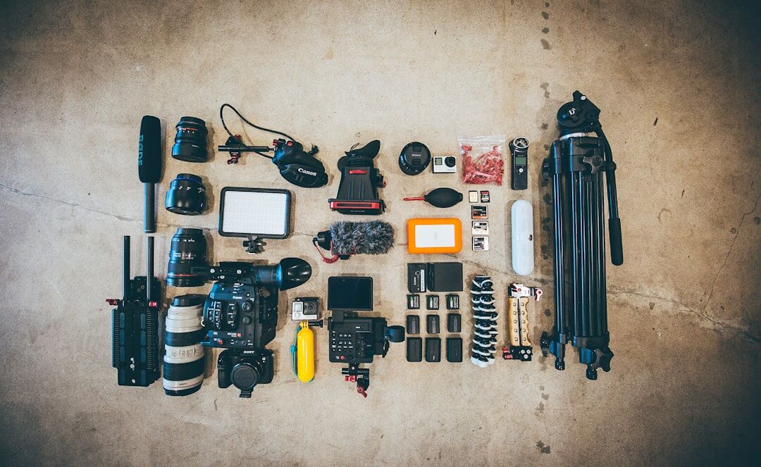 Camera and photography equipment flat lay